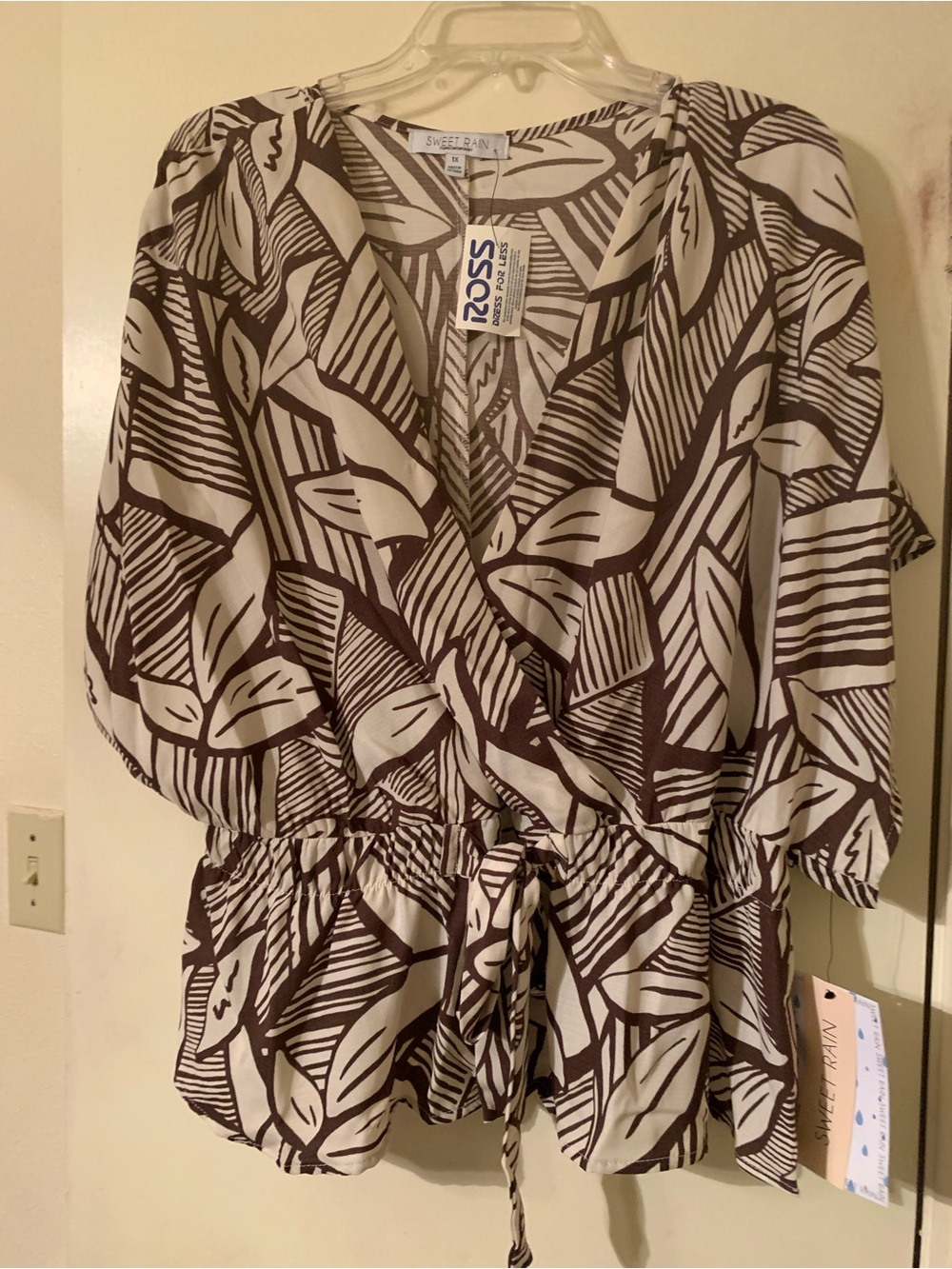 Sweet Rain Brown and Cream Leaf-Print Wrap Blouse